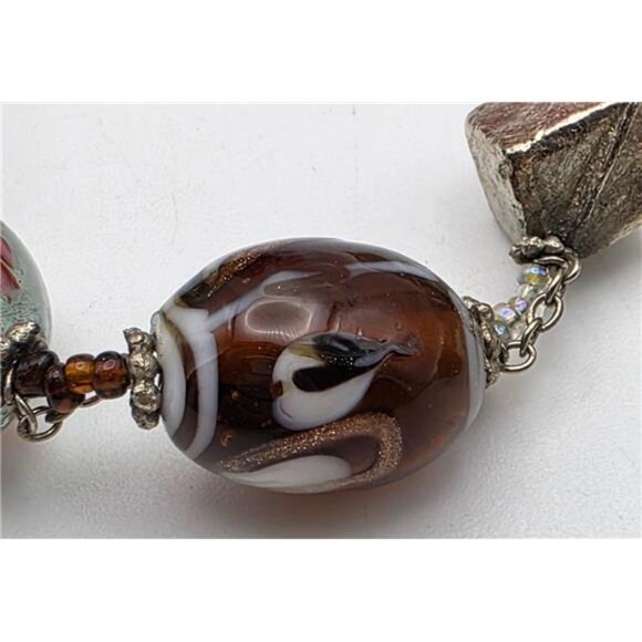 Art Glass Bead Necklace 36" Clear Blue Amber Floral Abstract Silver Tone - Picture 5 of 10